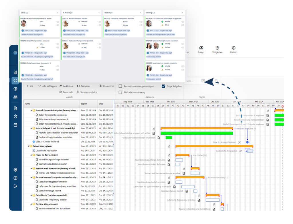 Projektmanagement Software für Entwicklungsprojekte - klassische Planung, Stage Gate Prozesse, agile Sprintplanung