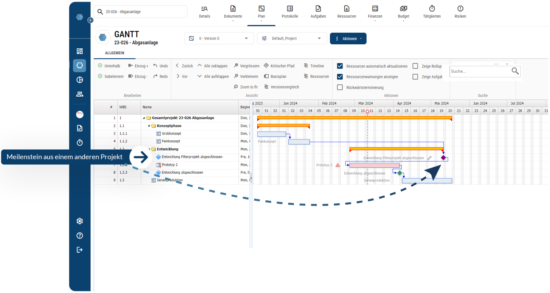 Verbindungen zwischen Maschinenbauprojekten im Ganttplan anzeigen