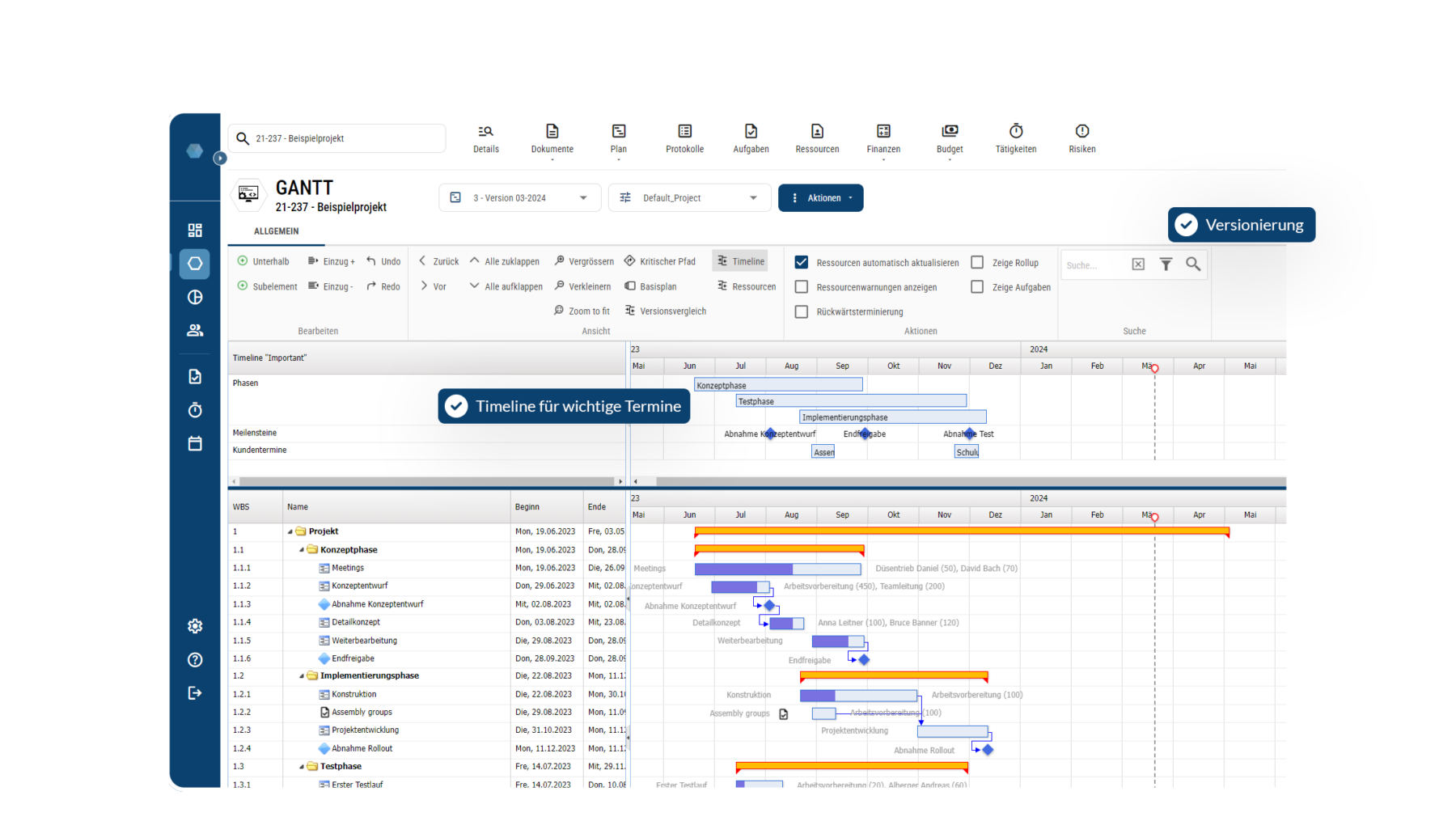 Projektmanagement Software - Ganttplan mit Versionierung und Timeline